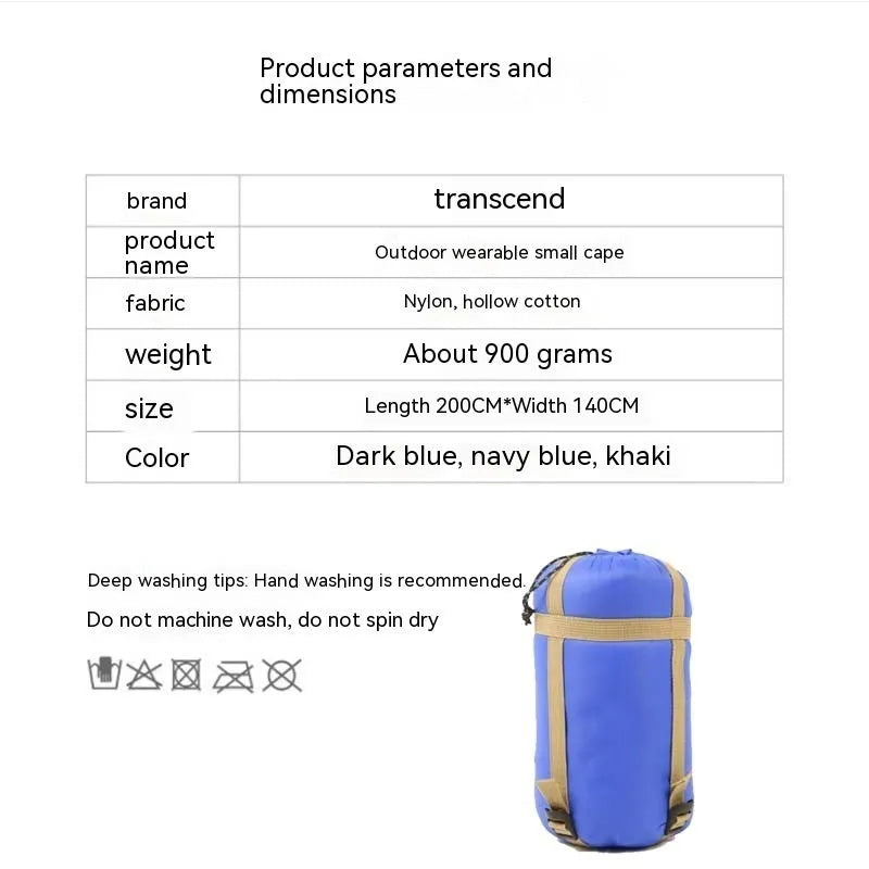 Army green wearable cloak sleeping bag with hood and sleeves for outdoor camping
