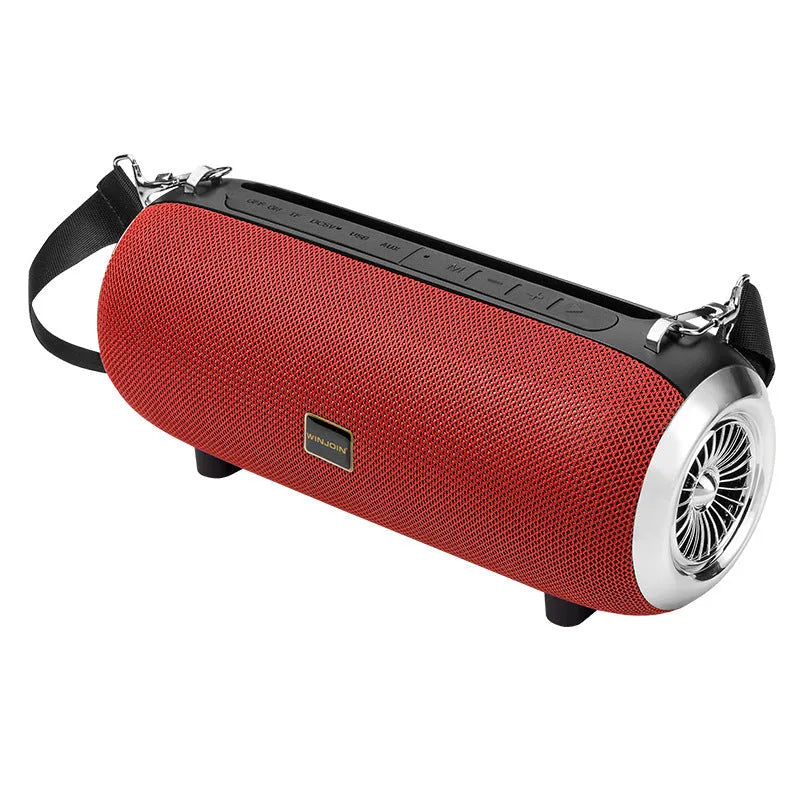 F666 Mini Bluetooth Speaker in fabric mesh finish with retractable FM antenna and shoulder strap attached