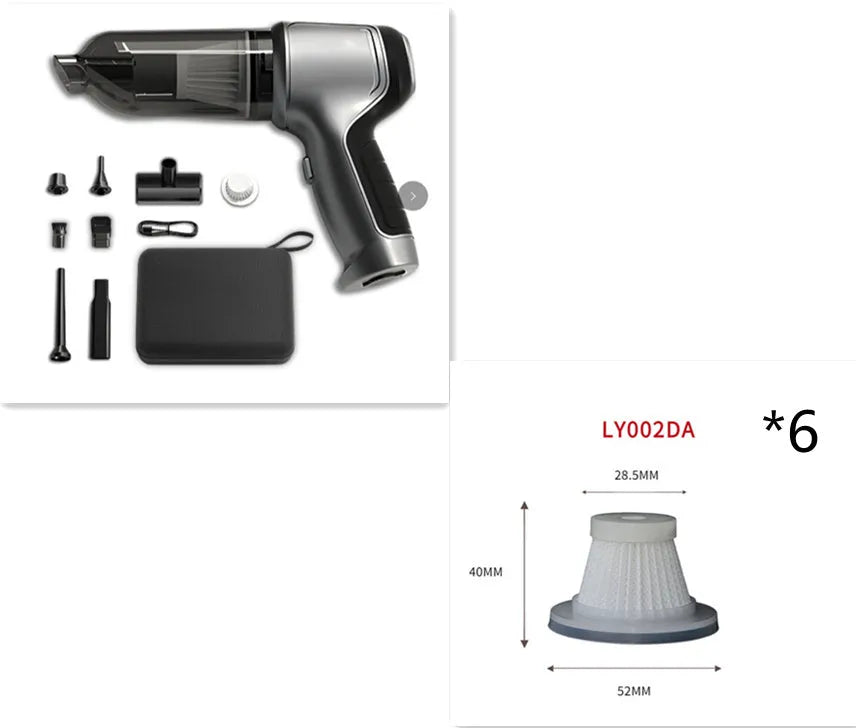 A handheld cordless vacuum cleaner with a car mount, shown on a car seat.