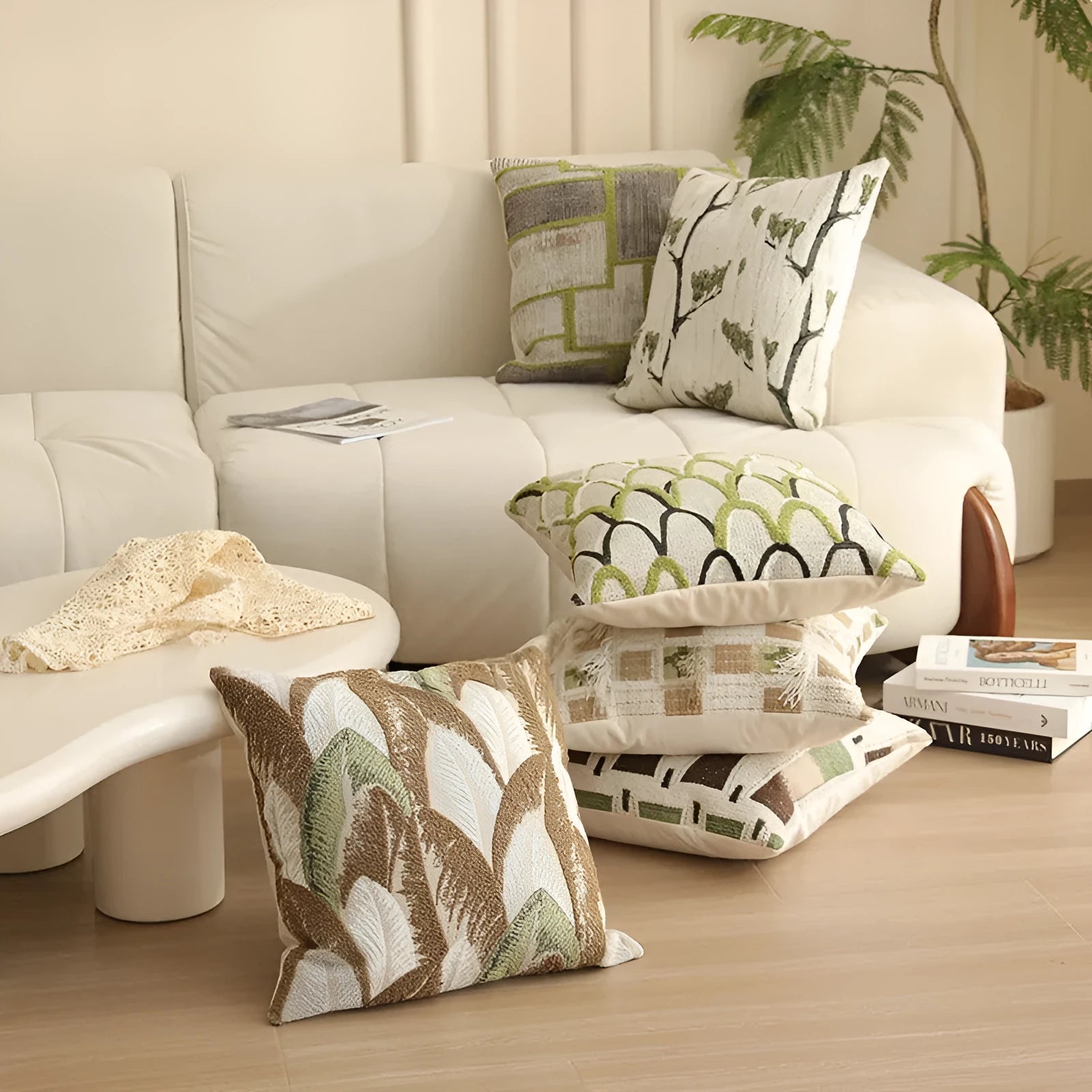 45cm square jacquard waist pillow cushion cover with plant and flower pattern in retro Nordic style.