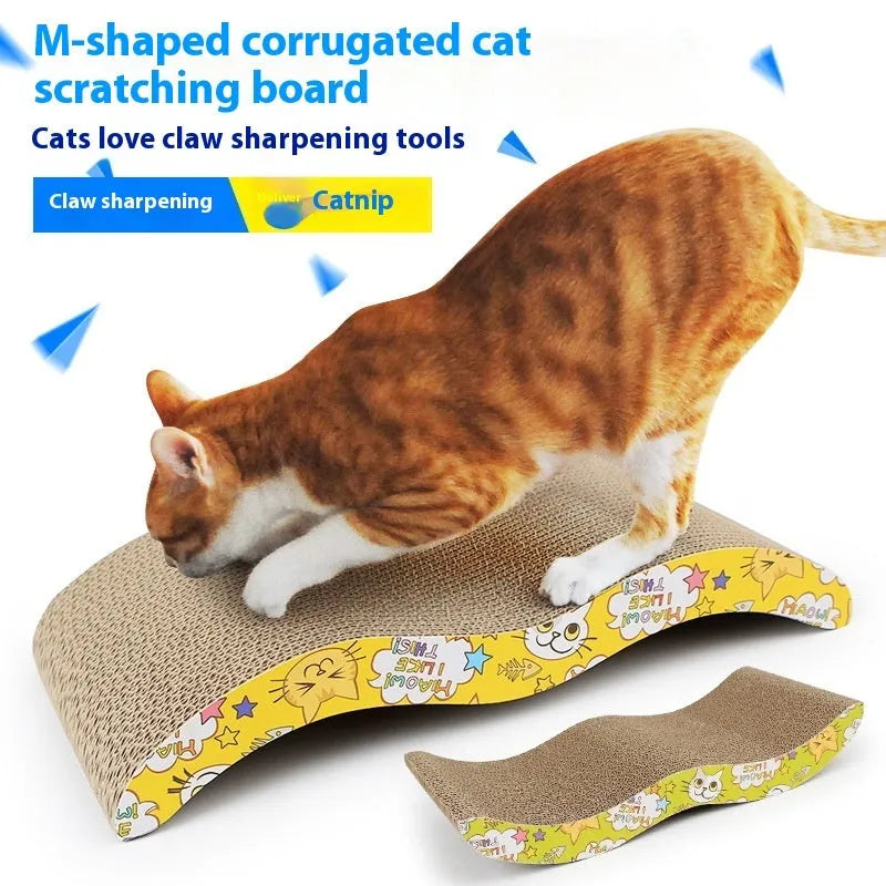 Corrugated paper cat scratch board shown in multiple abstract shapes: bone, M-type, trapezoid, S-type, triangle, wavy and P-type.