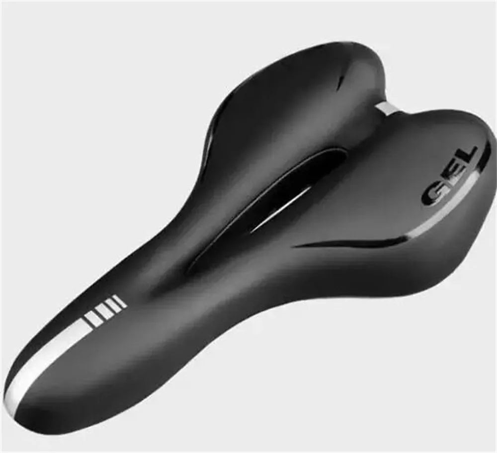 Bicycle saddle cushion with silicone gel insert, waterproof PU leather cover, steel bow frame, and included wrench and tire patch kit