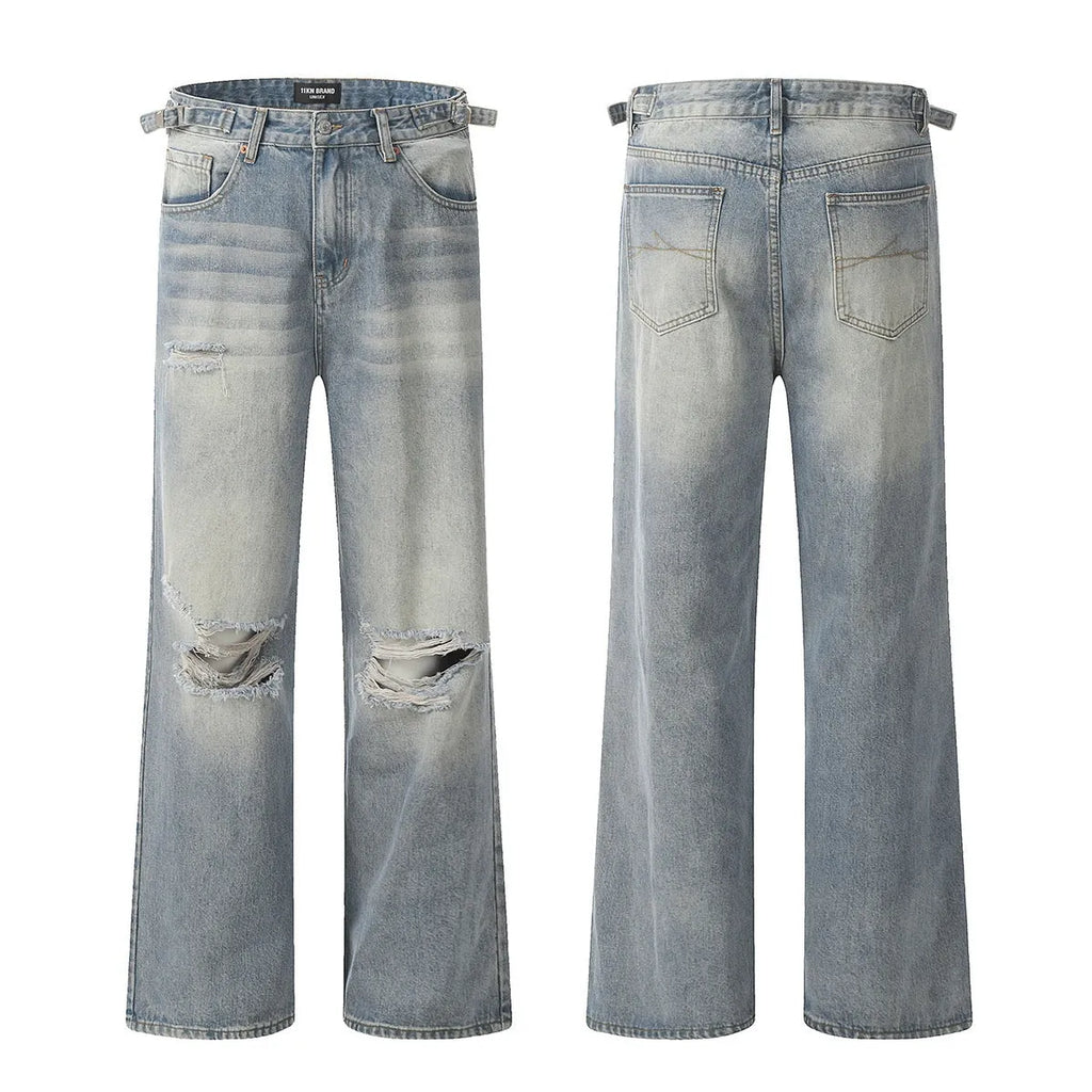 Blue men's straight-leg jeans with ripped distressing detail on the legs.