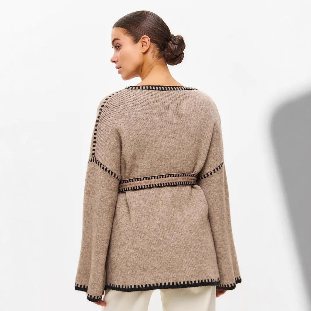 Knitted lace-up cardigan in thick cotton imitation cashmere fabric in camel colour