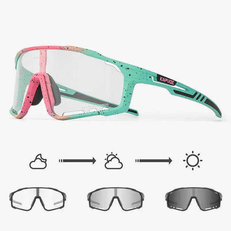 Photochromic cycling sunglasses with a semi-rimless TR90 frame in one of fourteen colour options.