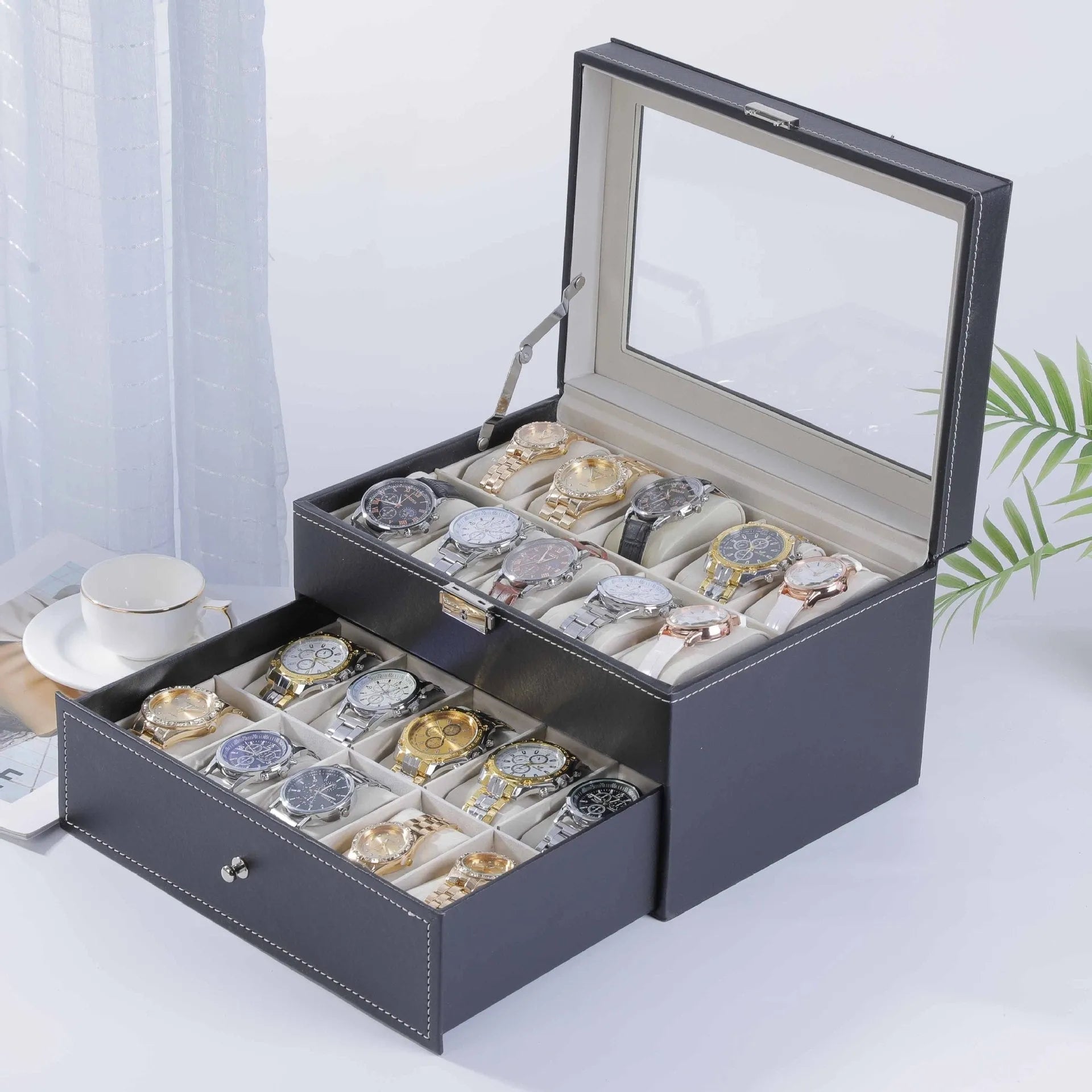 Grey high-grade leather watch storage box with multiple compartments and clear dustproof lids.