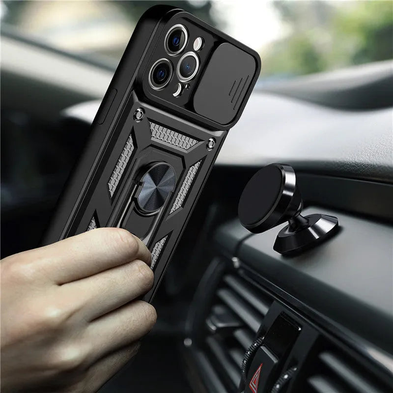 Sergeant sliding window magnetic phone case for iPhone in blue, showing back cover design with integrated bracket.
