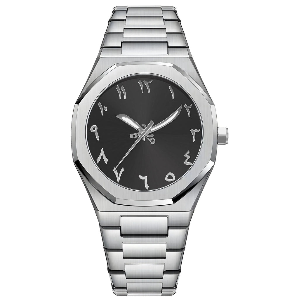 Men's business casual watch with stainless steel strap showing three colour options