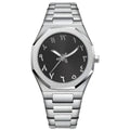 Men's business casual watch with stainless steel strap showing three colour options