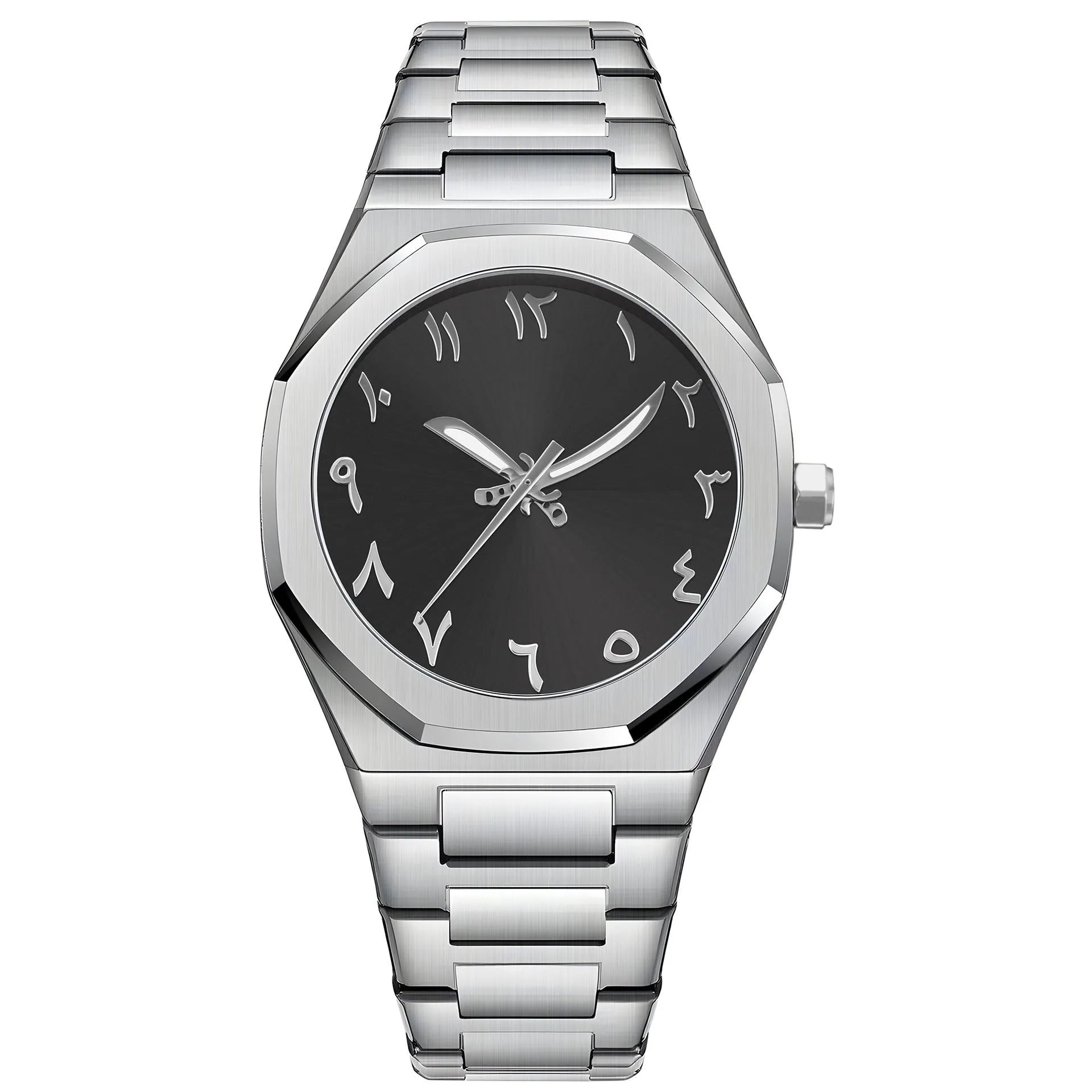 Men's business casual watch with stainless steel strap showing three colour options
