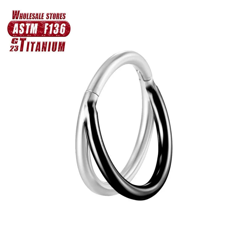 Titanium alloy L-shaped fork nose ring in silver, gold, black, rose gold and colourful finishes on a white background.