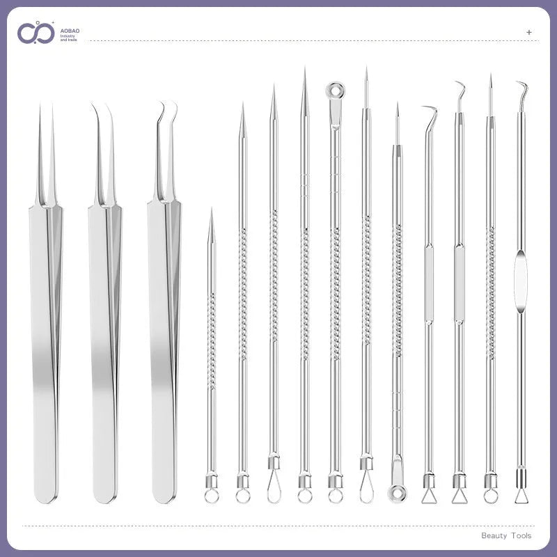 4-piece metal acne needle set with ultra fine pointed tips on silver background