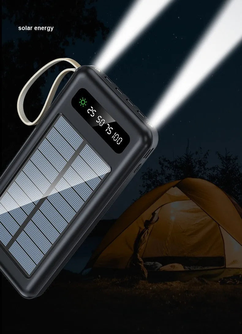 Solar power bank in black or white with solar panel, showing 20000mA or 30000mA capacity.