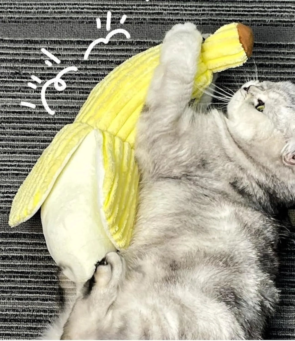 Yellow banana-shaped plush cat toy with crinkle sound and catnip filling