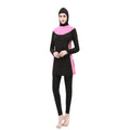 Conservative long-sleeved hooded two-piece swimsuit for women in black with coloured accents.