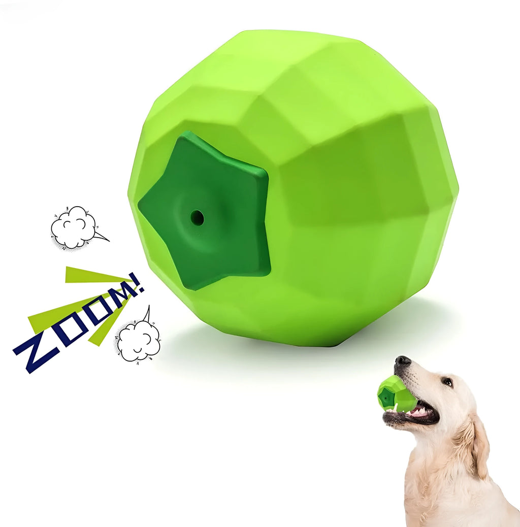 Green natural rubber dog chew ball with squeaker for large breed aggressive chewers.