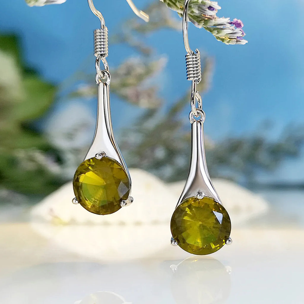 Olive green topaz colour drop earrings with water drop shape and electroplated finish