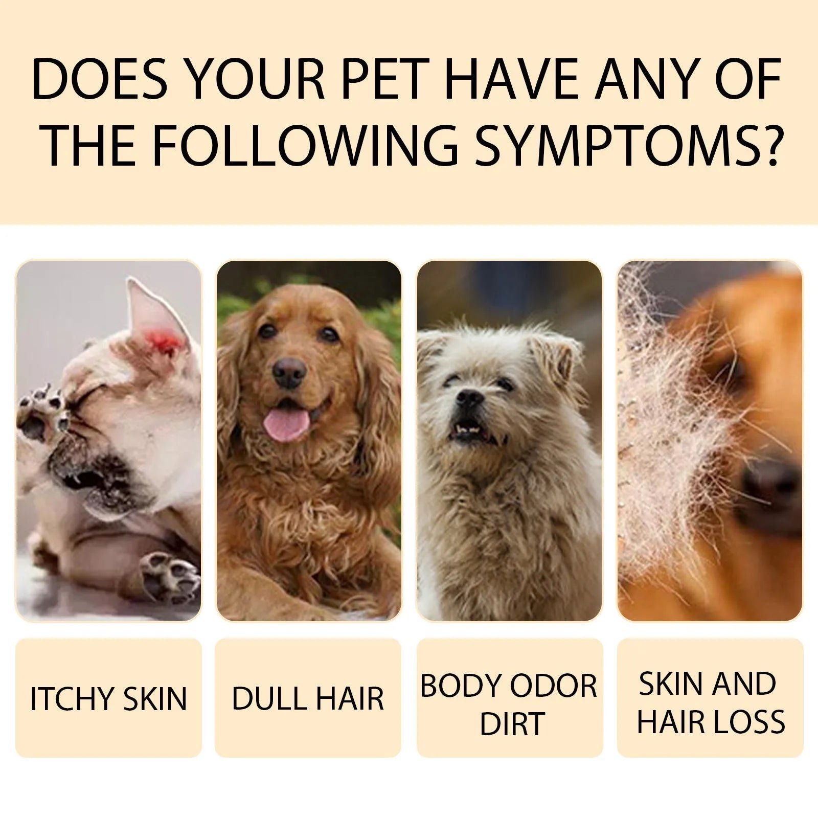 Bottle of mild dog shampoo for soft, tangle-free hair in 100ml and 300ml sizes.