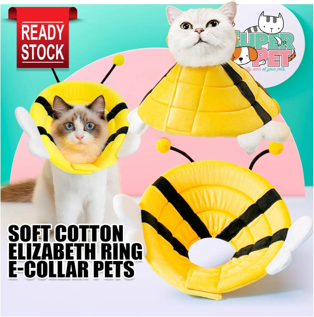 Soft cat cone collar with bee design and adjustable Velcro closure for pet recovery