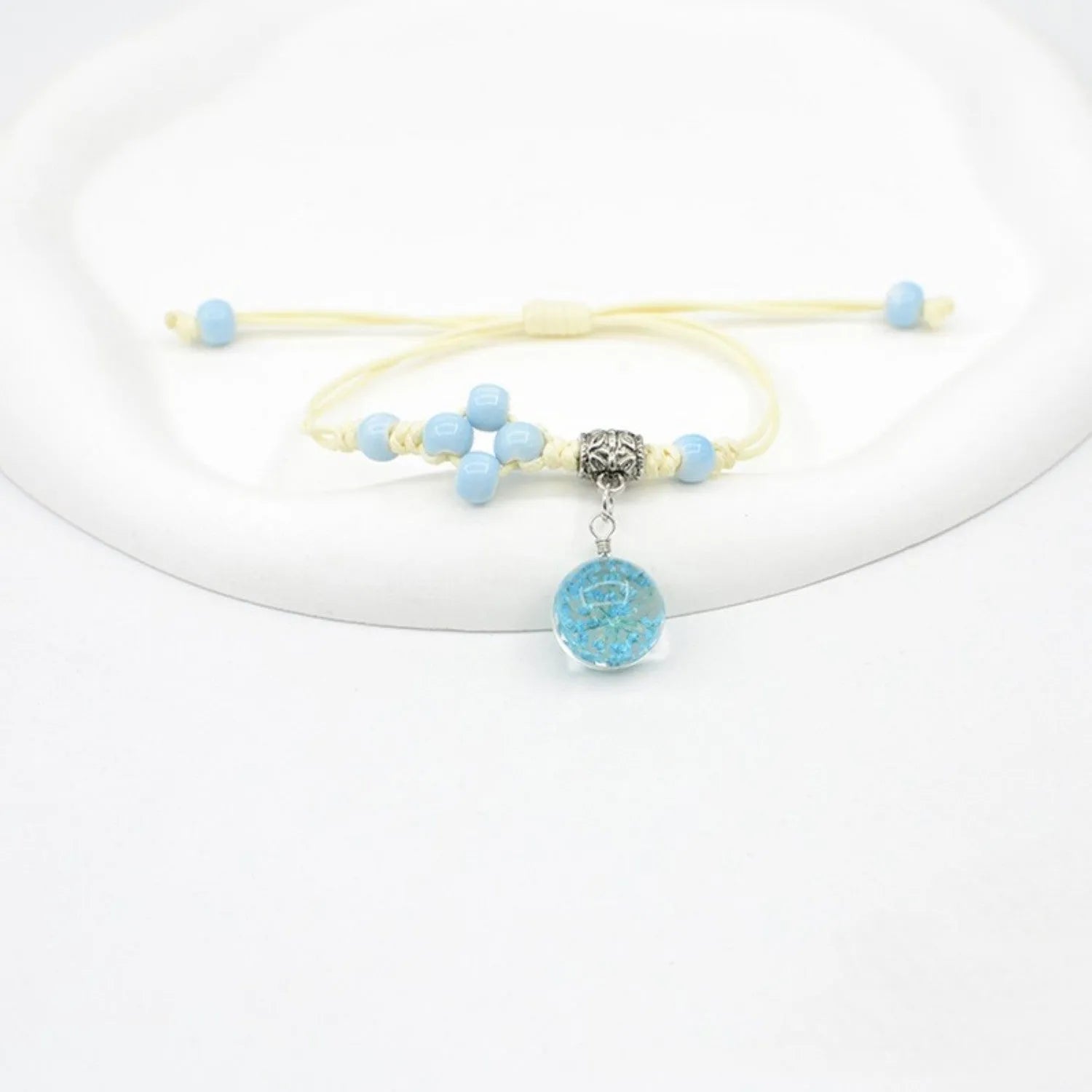 Glass dried flower bracelet with hand-woven lace and 1.4cm beads in multiple colour options