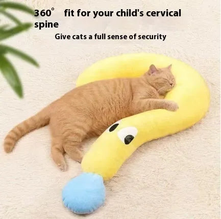 Blue U-shaped cat neck pillow in moon style next to a yellow question mark shaped pet bed.