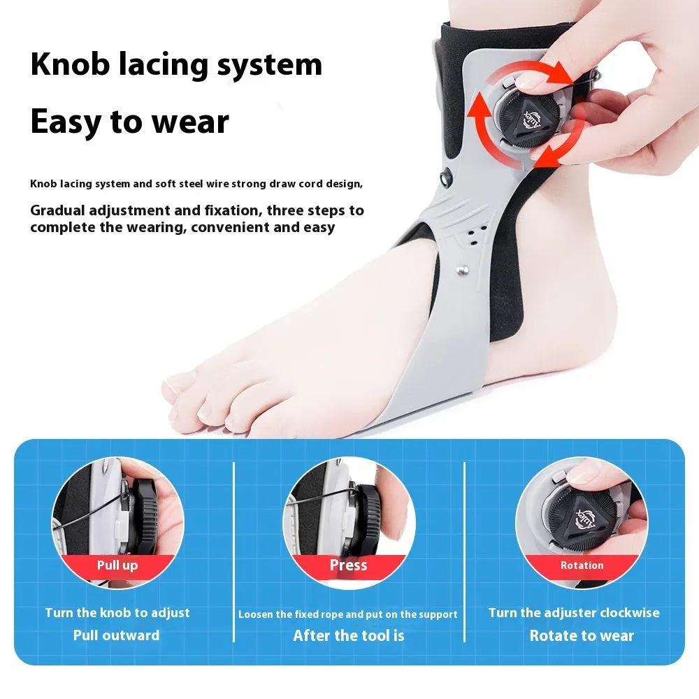 Grey ankle support brace with airbag button adjustment for training rehabilitation