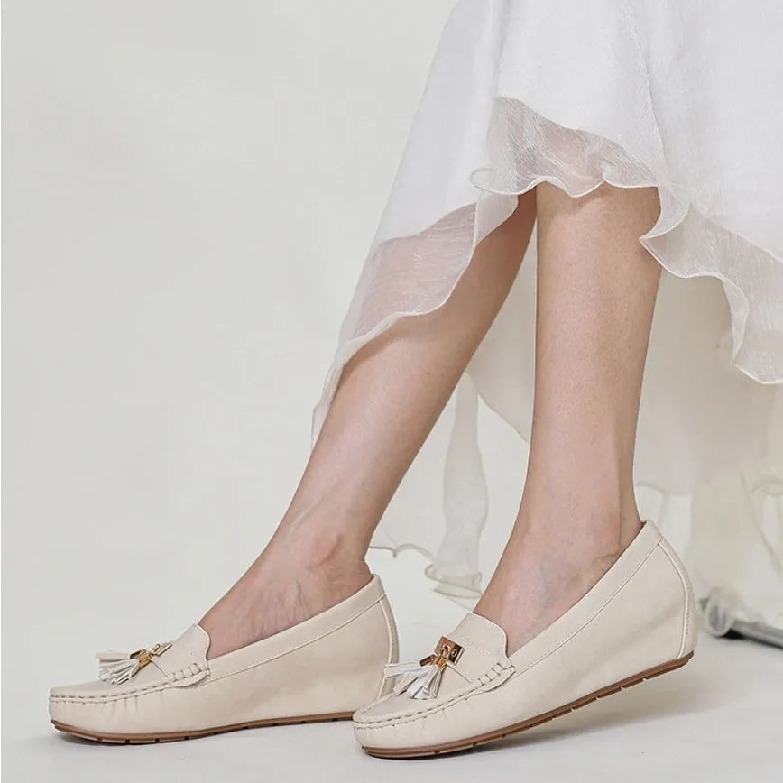 Nude casual work shoes with a mid heel, round toe, available in black, brown, blue, and milky white.