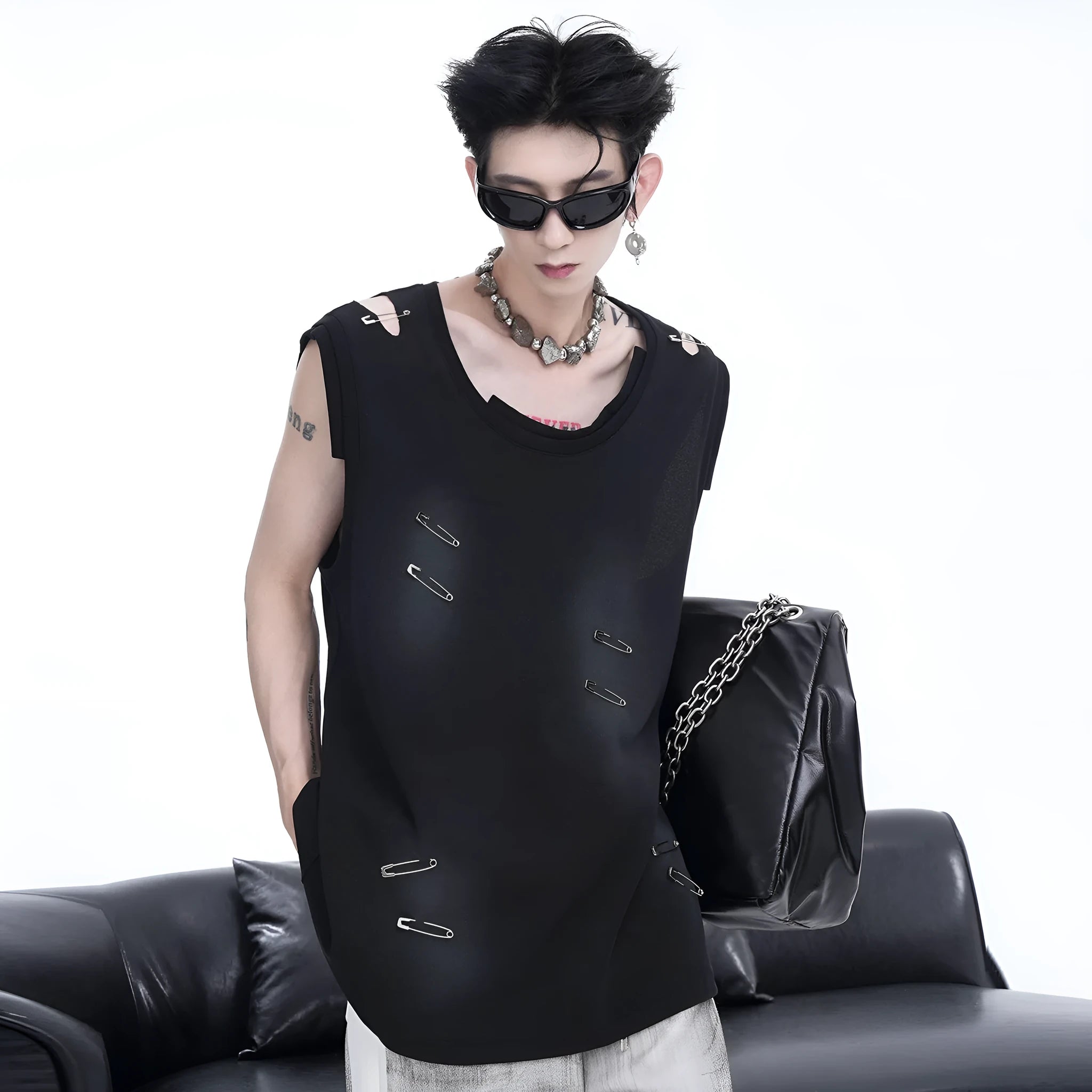 Men's black sleeveless waistcoat vest with irregular ripped cutting details and round neck collar