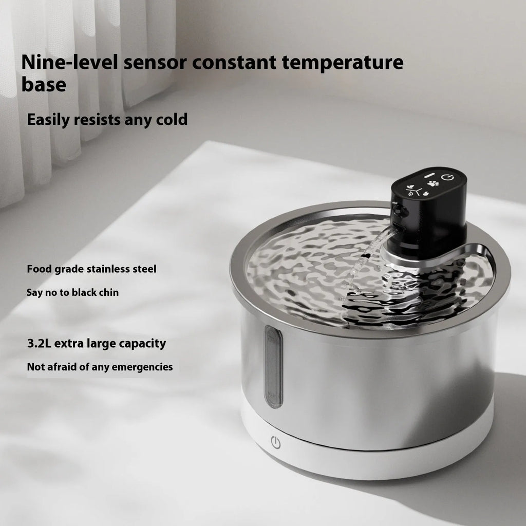 Stainless steel pet water fountain with heating base in black or white colour options