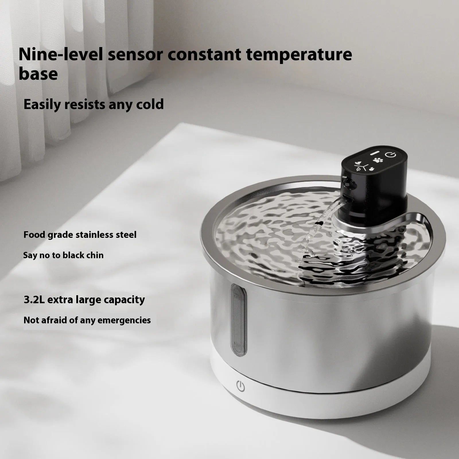 Stainless steel pet water fountain with heating base in black or white colour options