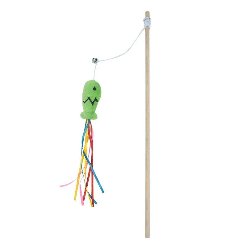 Wooden handle cat wand toy with catnip fish, colourful ribbons and bell attachment