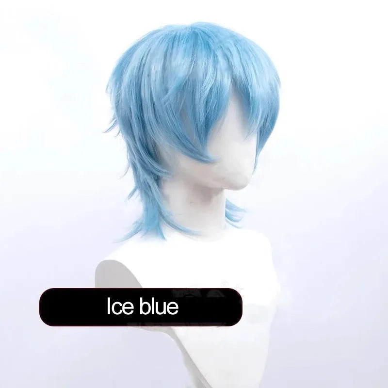 Short black and red anime cosplay wig for men with a lengthened hair tail.
