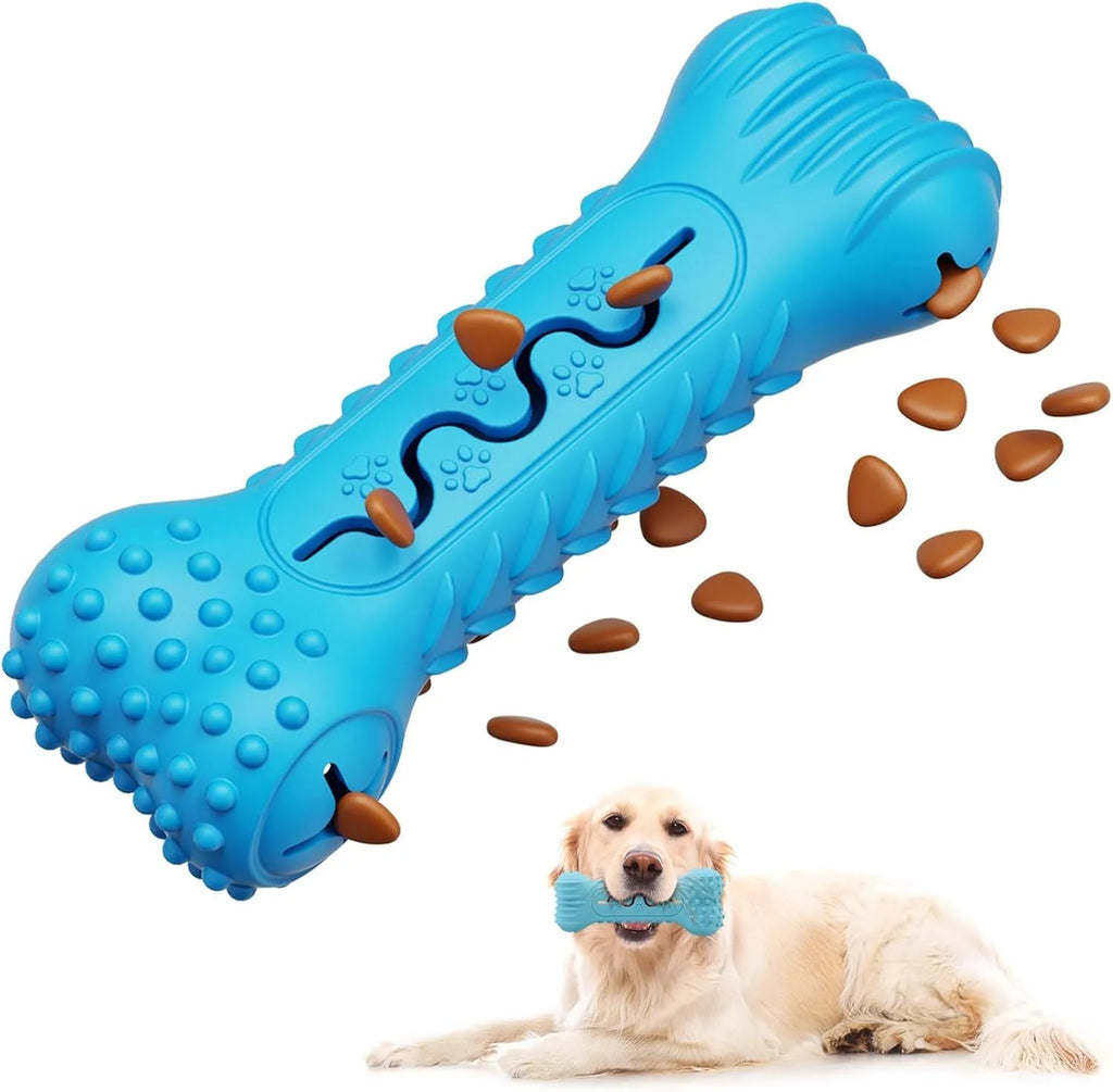 Blue natural rubber bone-shaped dog chew toy for aggressive chewers with textured teeth-cleaning surface
