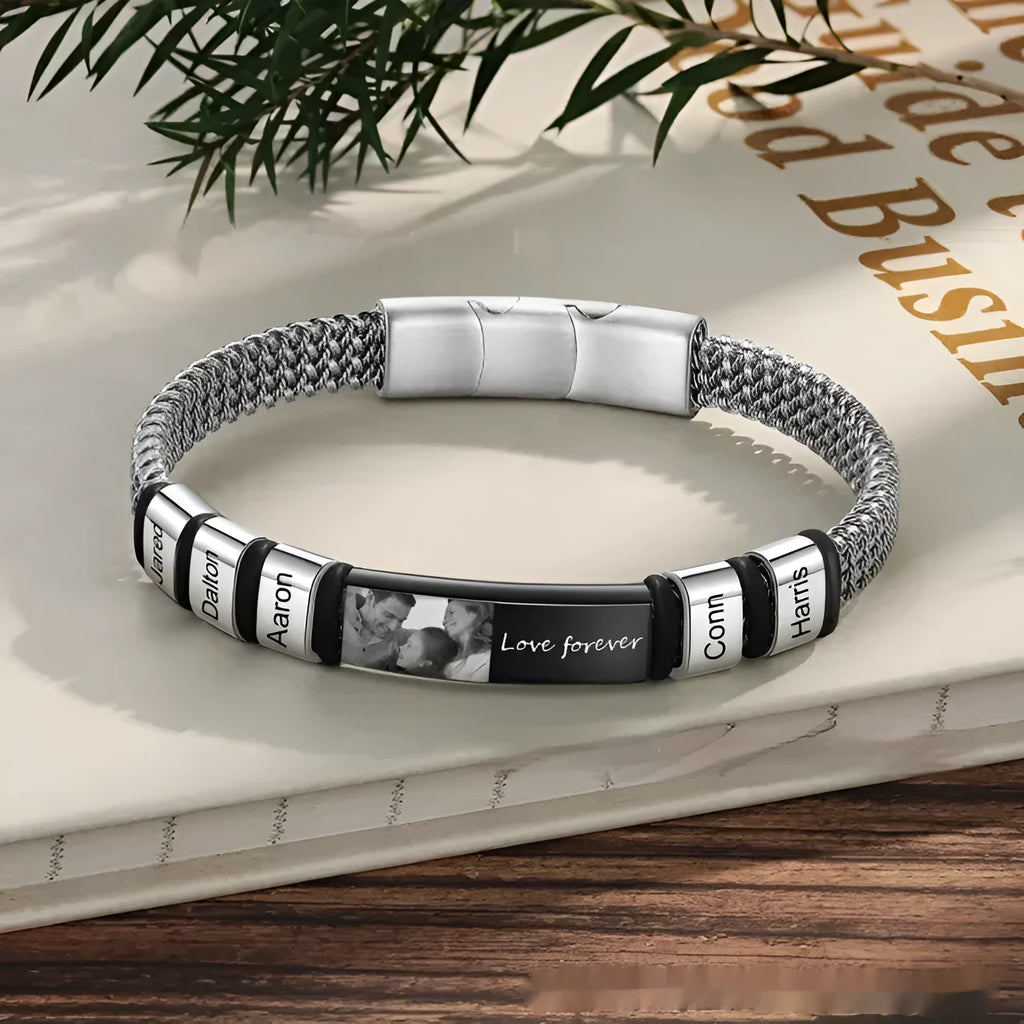 Men's stainless steel lettering bracelet with leather rope cord and heart-shaped beads
