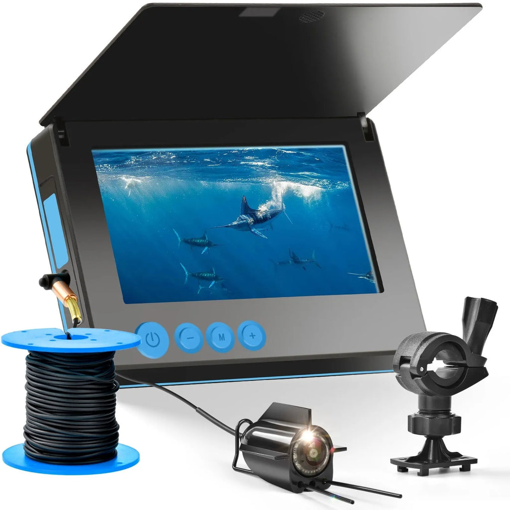 Fish finder unit with 4.3-inch IPS screen showing underwater HD camera feed with night vision lights.