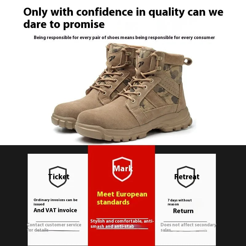 Khaki coloured high-top suede combat boots with a steel toe cap and front lace-up closure.