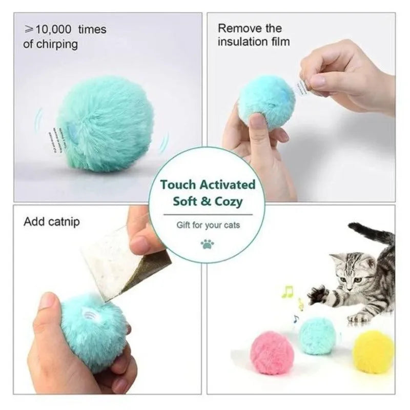 Interactive cat toy ball in blue, pink or yellow colours with 55mm diameter for touch-activated animal sounds