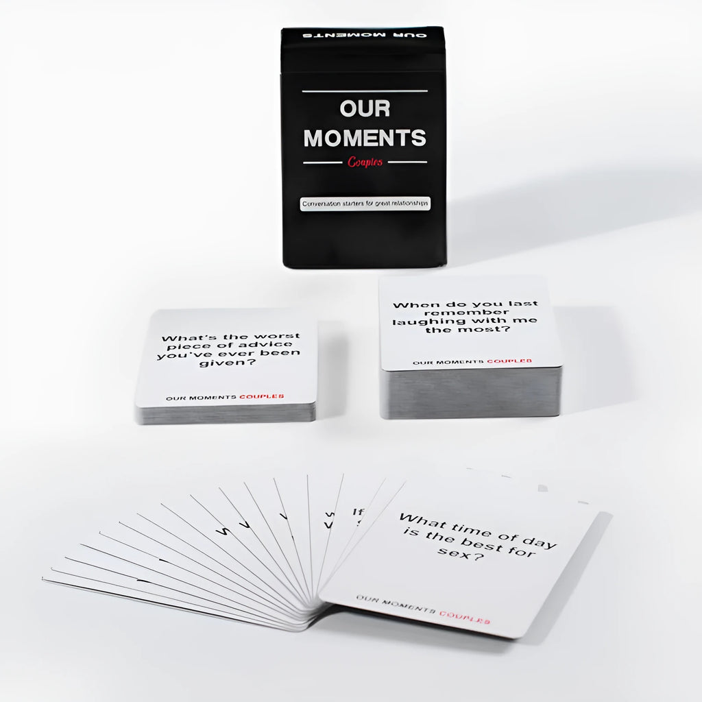 Black coated paper box of Our Time Lovers Edition communication cards for couples, showing dimensions.