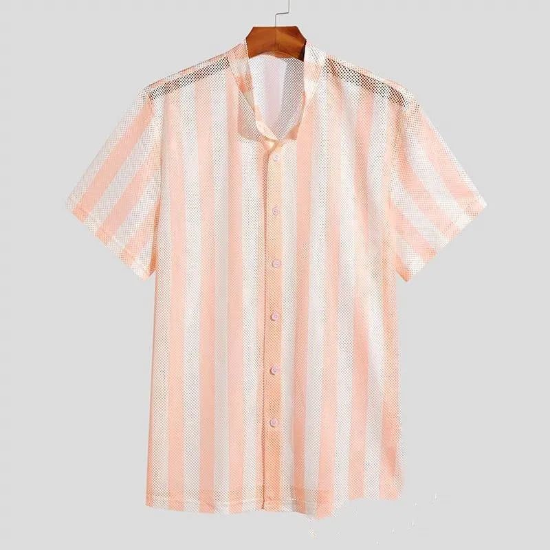 Men's pink waffle texture cardigan shirt with loose fit and short sleeves