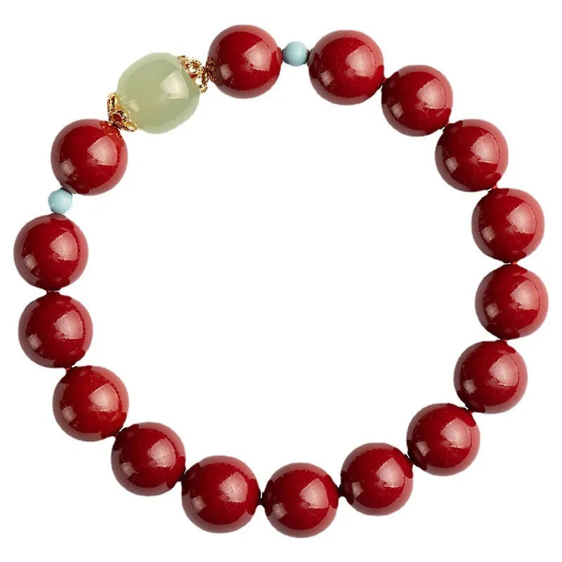 Purple gold sand cinnabar and Hetian jade bead bracelet with coated metal, showing geometric ellipse beads.