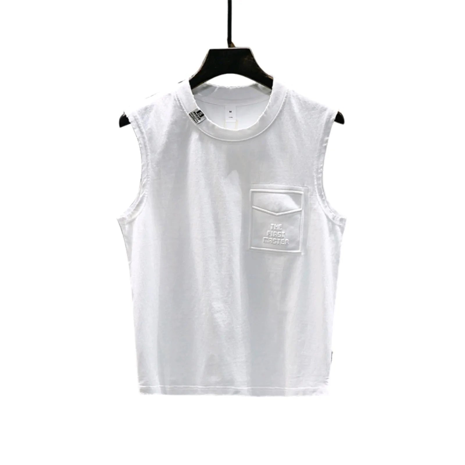 A man's solid black cotton sleeveless t-shirt with a loose fit and straight hem, laid flat.
