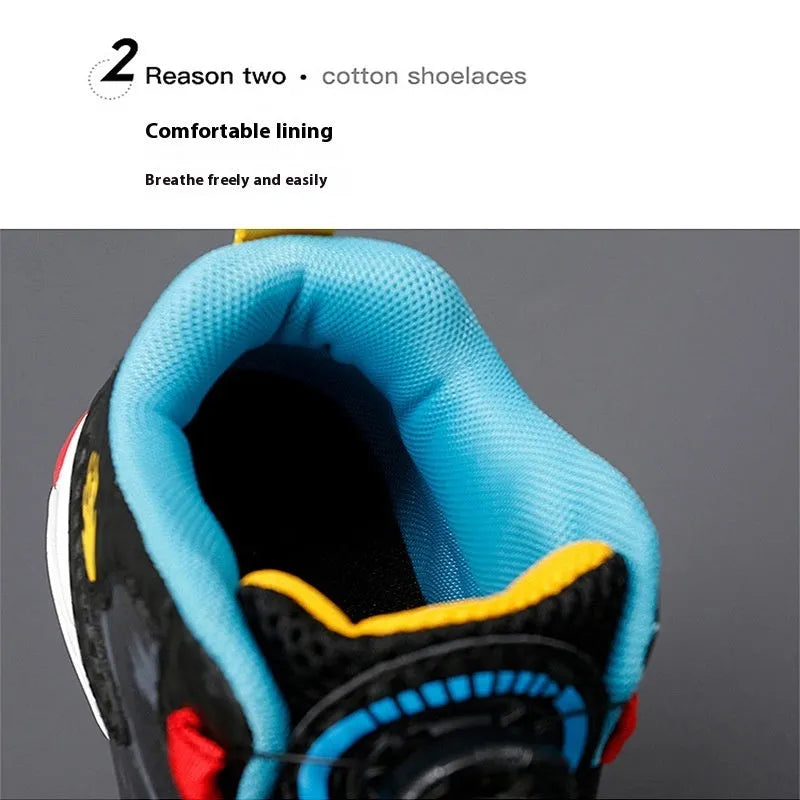 Children's basketball shoes with rotating button fastening in multiple colours, showing synthetic leather upper and PU sole