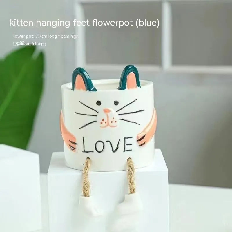 Ceramic hanging foot flowerpot in a cartoon style, suitable for succulent plants on a desktop
