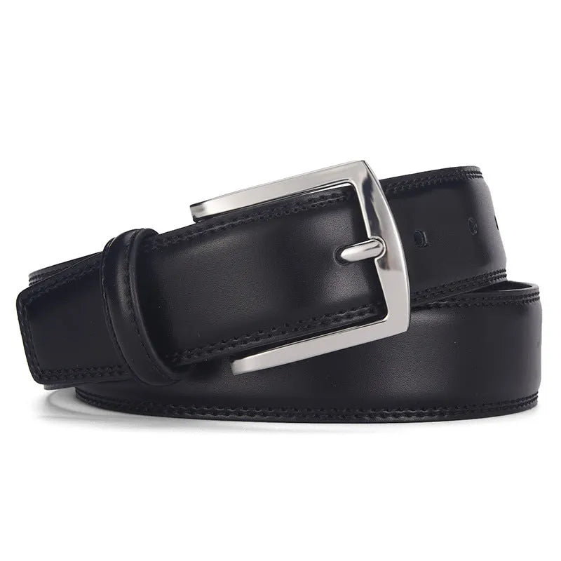 Men's black leather belt with a silver alloy pin buckle, showing the patent leather finish.