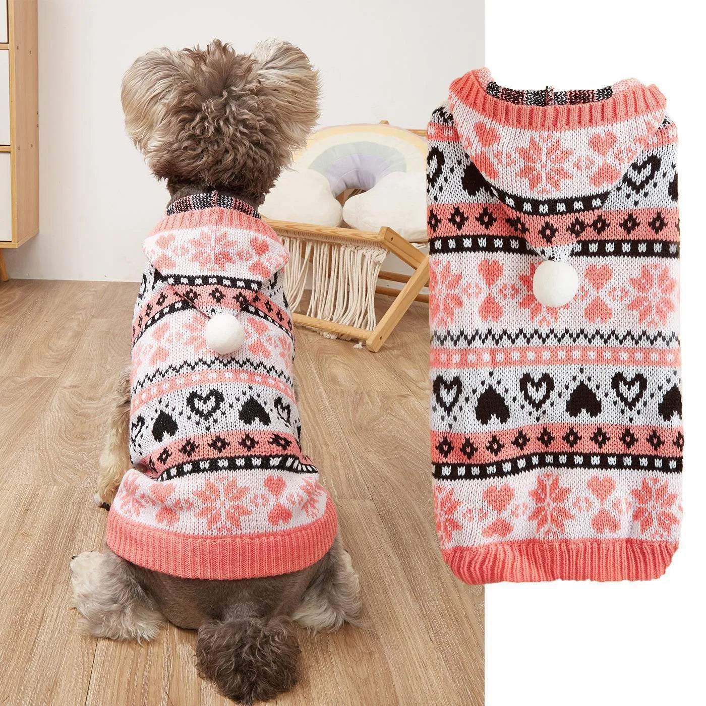 Pink, blue, and grey striped camouflage dog sweater with snowflake and love motifs for small breeds.