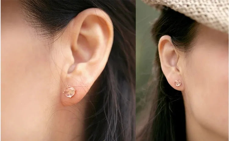 Women's rose gold drop earrings with synthetic rose quartz crystal inlay, Korean-style design