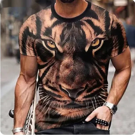 Men's grey t-shirt featuring a large, detailed 3D lion face print on the front.