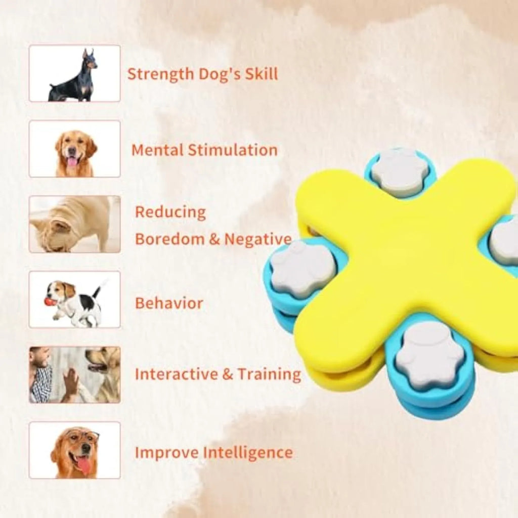 Yellow three-layer rotating dog puzzle feeder with claw-shaped lids on anti-slip base