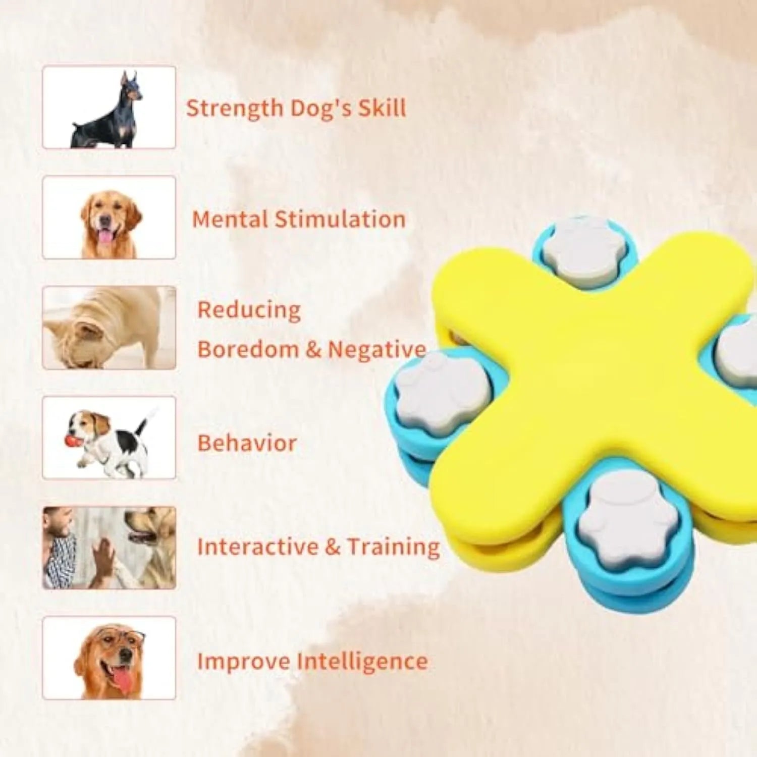 Yellow three-layer rotating dog puzzle feeder with claw-shaped lids on anti-slip base