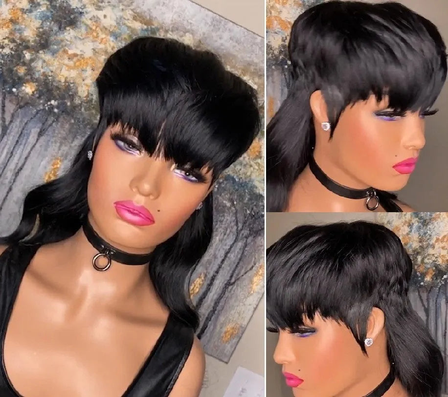 Black Brazilian wig with bangs featuring front short back long style